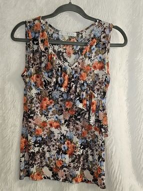 Potter's Pot Floral Ruffle Sleeveless Top in Blue, Orange, Black